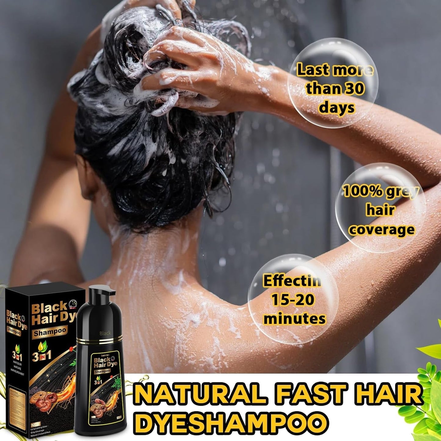 Hair Dye Shampoo 3 in 1 for Gray Hair, Herbal Ingredients Natural Shampoo Hair Dye for Women Men (Black) - WORLD TIME VISITS