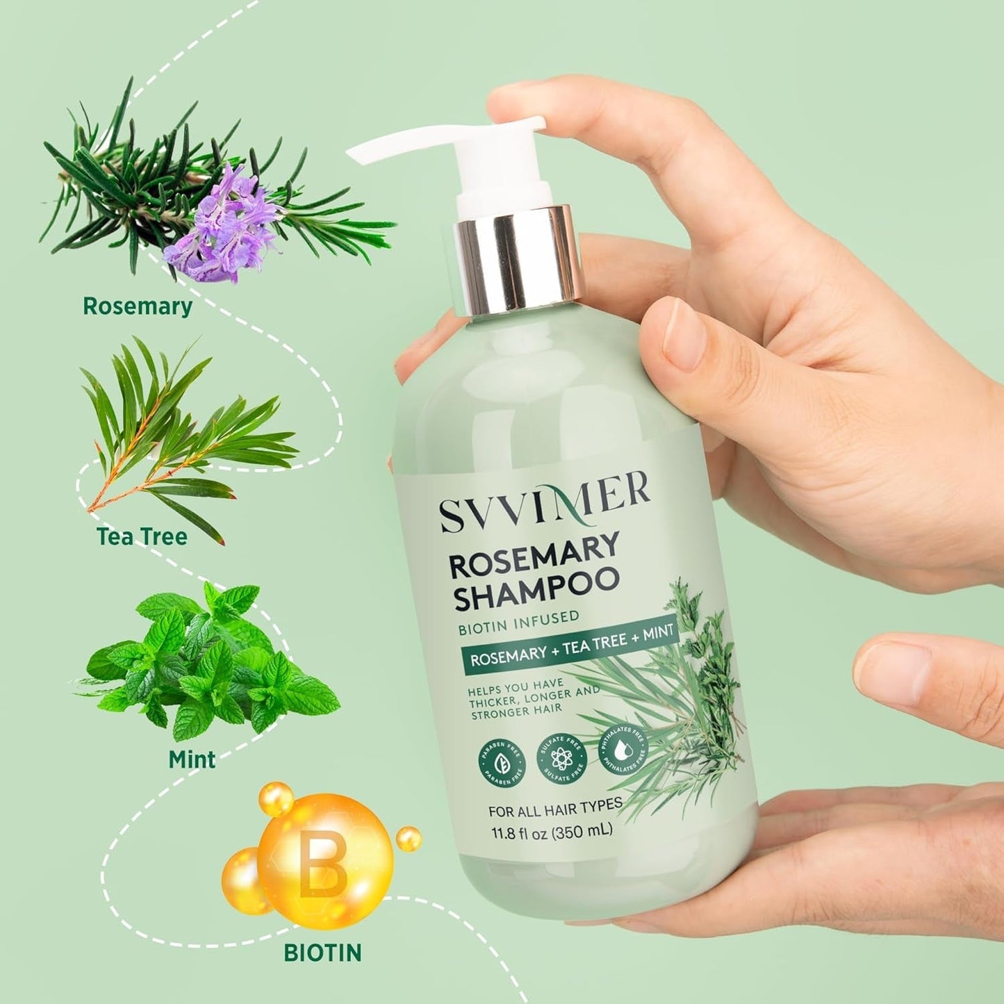 Rosemary Hair Growth Shampoo: Thickening and Regrowth Formula for Men & Women - Rosemary Mint Strengthening Shampoo with Tea Tree Oil Biotin - for Thinning Hair and Hair Loss 11.8 Fl.Oz