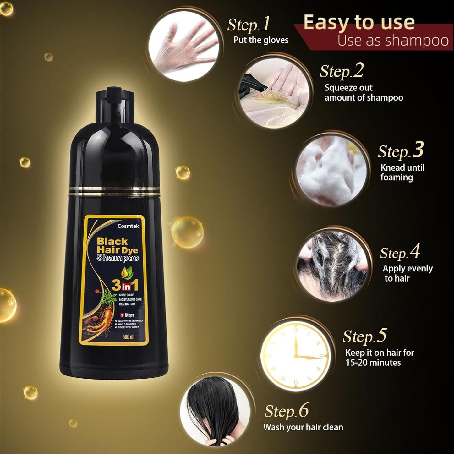 MEIDU Black Hair Dye Shampoo for Gray Hair, Semi-Permanent Hair Color Shampoo for Women and Men, Herbal and No Ammonia, 3 in 1-100% Grey Coverage(16.9 Fl Oz)