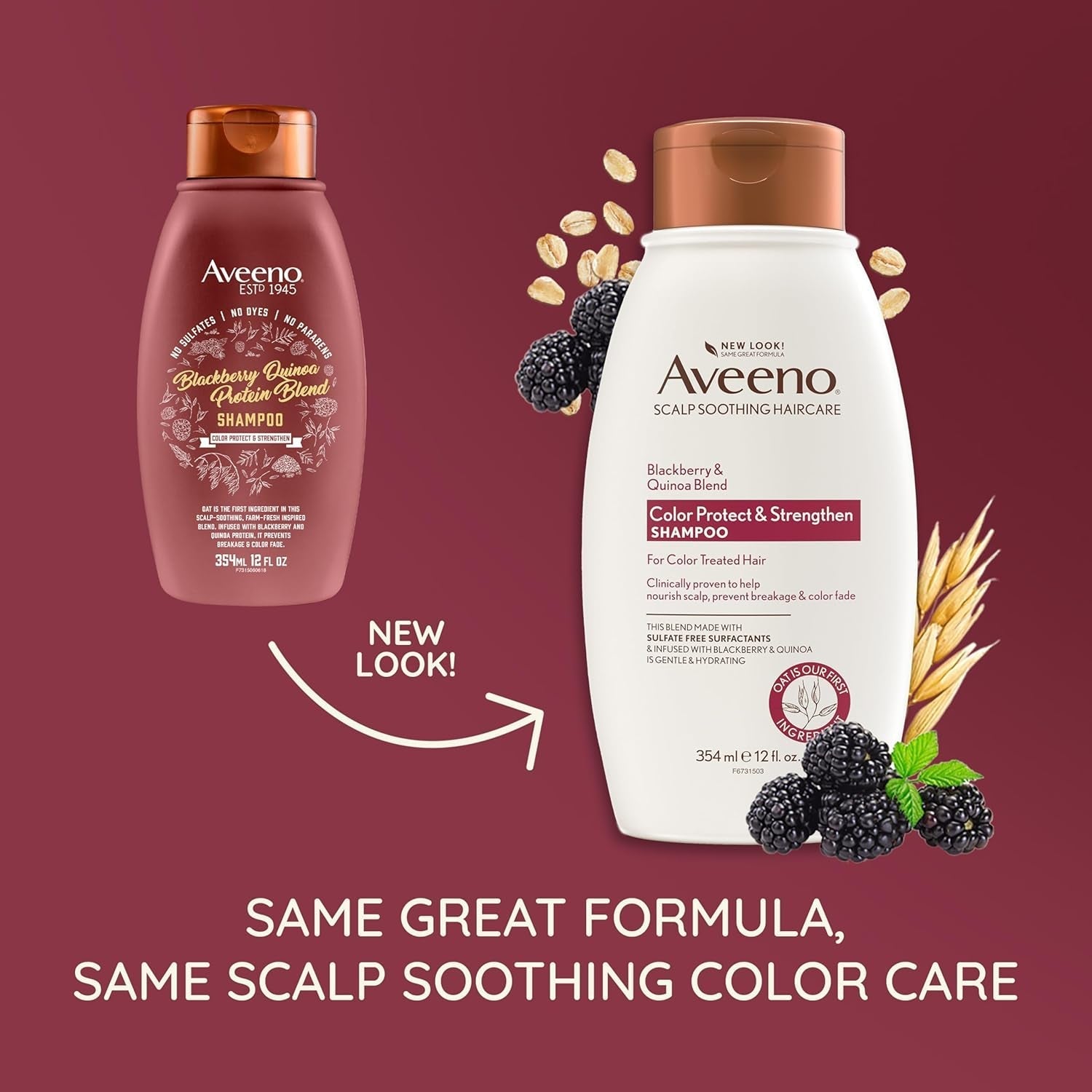 Aveeno Blackberry Quinoa Protein Blend Sulfate-Free Shampoo for Color-Treated Hair Protection, Daily Strengthening & Moisturizing Shampoo, Paraben & Dye-Free, 12 Fl Oz (Packaging May Vary) - WORLD TIME VISITS