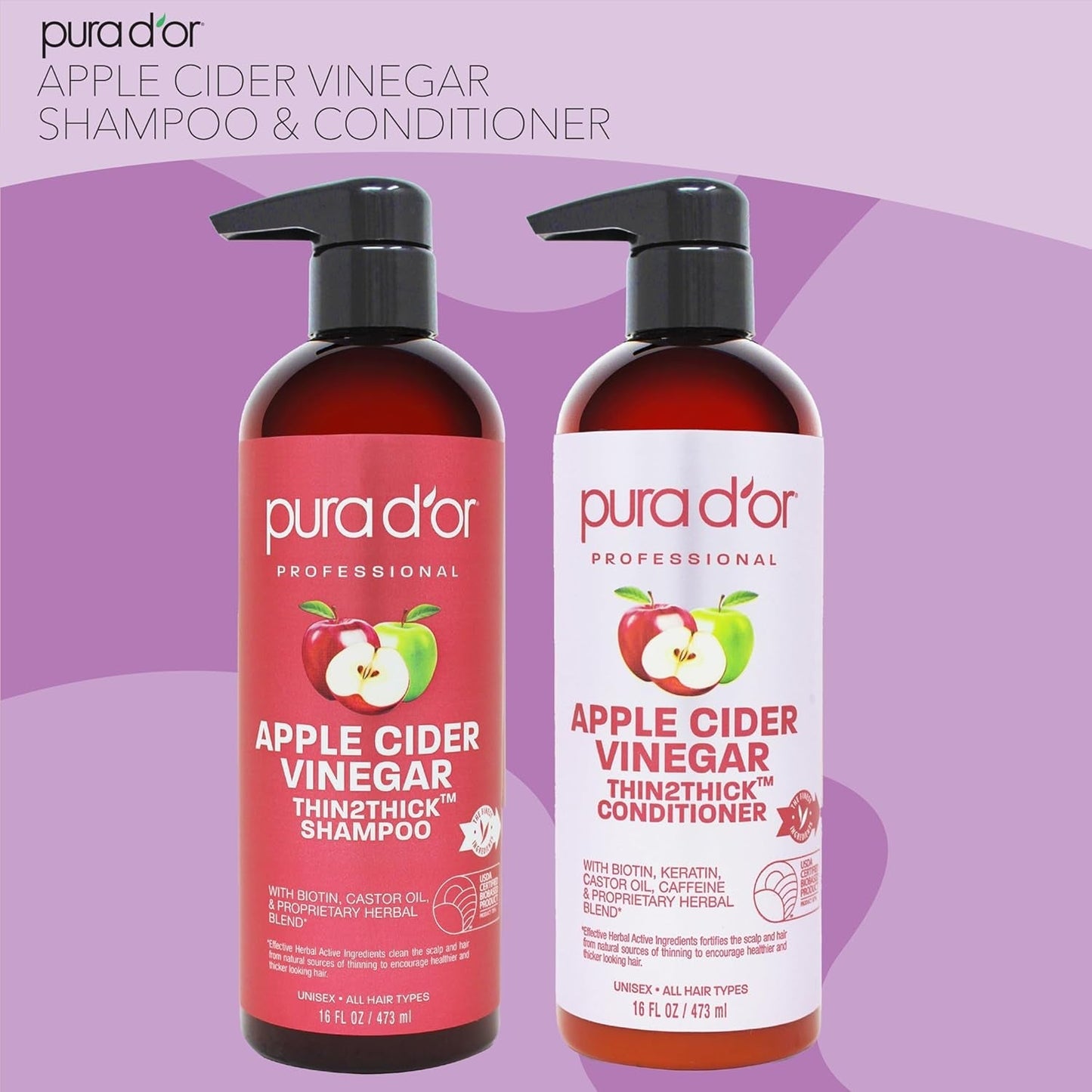 Apple Cider Vinegar Thin2Thick Set (16Oz X 2) ACV Shampoo & Conditioner, Clarifying - Biotin, Keratin, Caffeine, Castor Oil, Aloe - All Hair Types, Men & Women (Packaging May Vary)