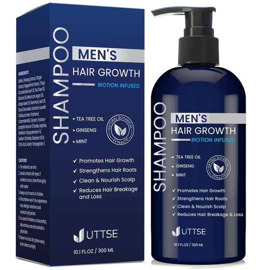 Biotin Hair Growth Shampoo for Men: Natural Thickening Shampoo with Tea Tree Oil Ginseng Mint for Hair Loss and Thinning Hair - 10.1 Fl.Oz, Dark Blue - WORLD TIME VISITS