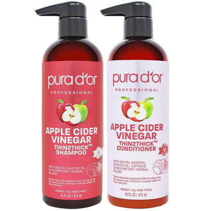 Apple Cider Vinegar Thin2Thick Set (16Oz X 2) ACV Shampoo & Conditioner, Clarifying - Biotin, Keratin, Caffeine, Castor Oil, Aloe - All Hair Types, Men & Women (Packaging May Vary)