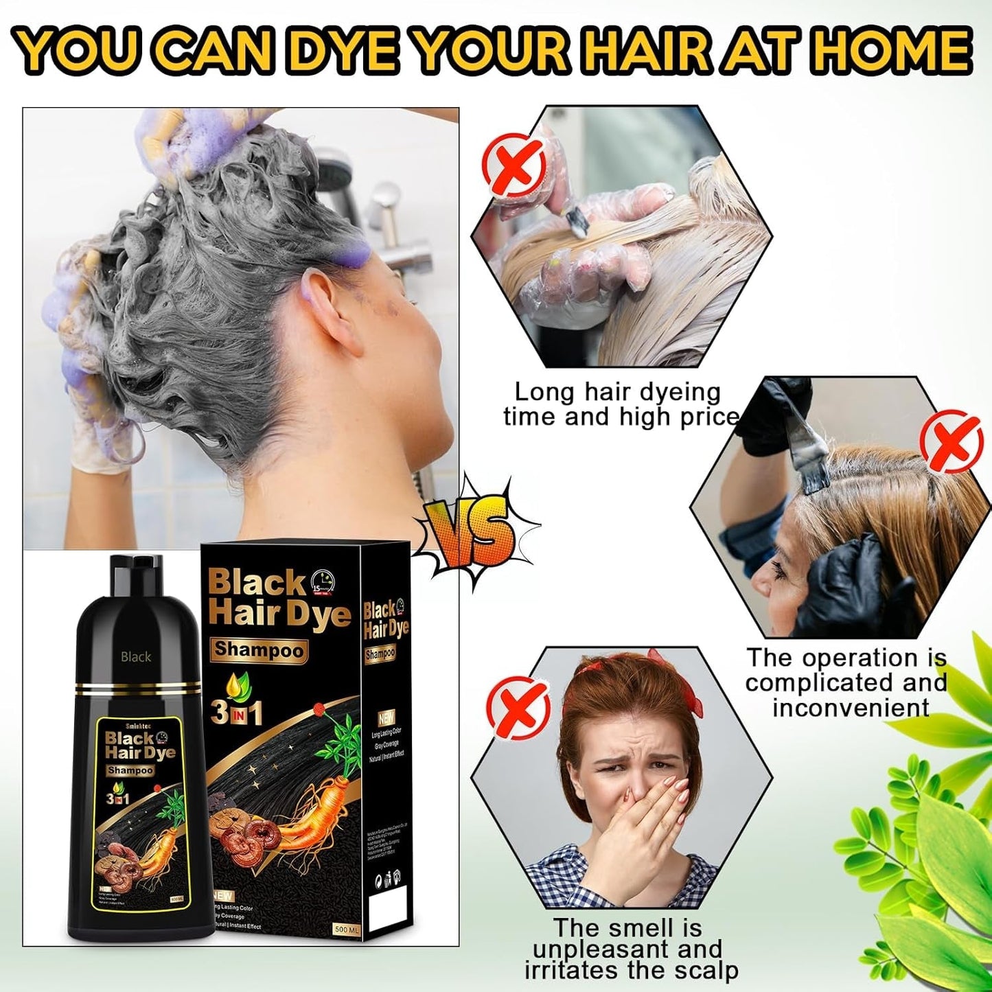 Hair Dye Shampoo 3 in 1 for Gray Hair, Herbal Ingredients Natural Shampoo Hair Dye for Women Men (Black) - WORLD TIME VISITS