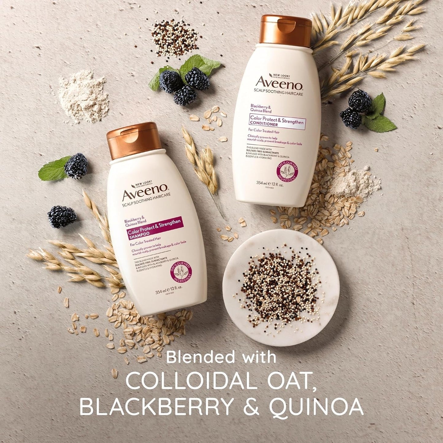 Aveeno Blackberry Quinoa Protein Blend Sulfate-Free Shampoo for Color-Treated Hair Protection, Daily Strengthening & Moisturizing Shampoo, Paraben & Dye-Free, 12 Fl Oz (Packaging May Vary) - WORLD TIME VISITS