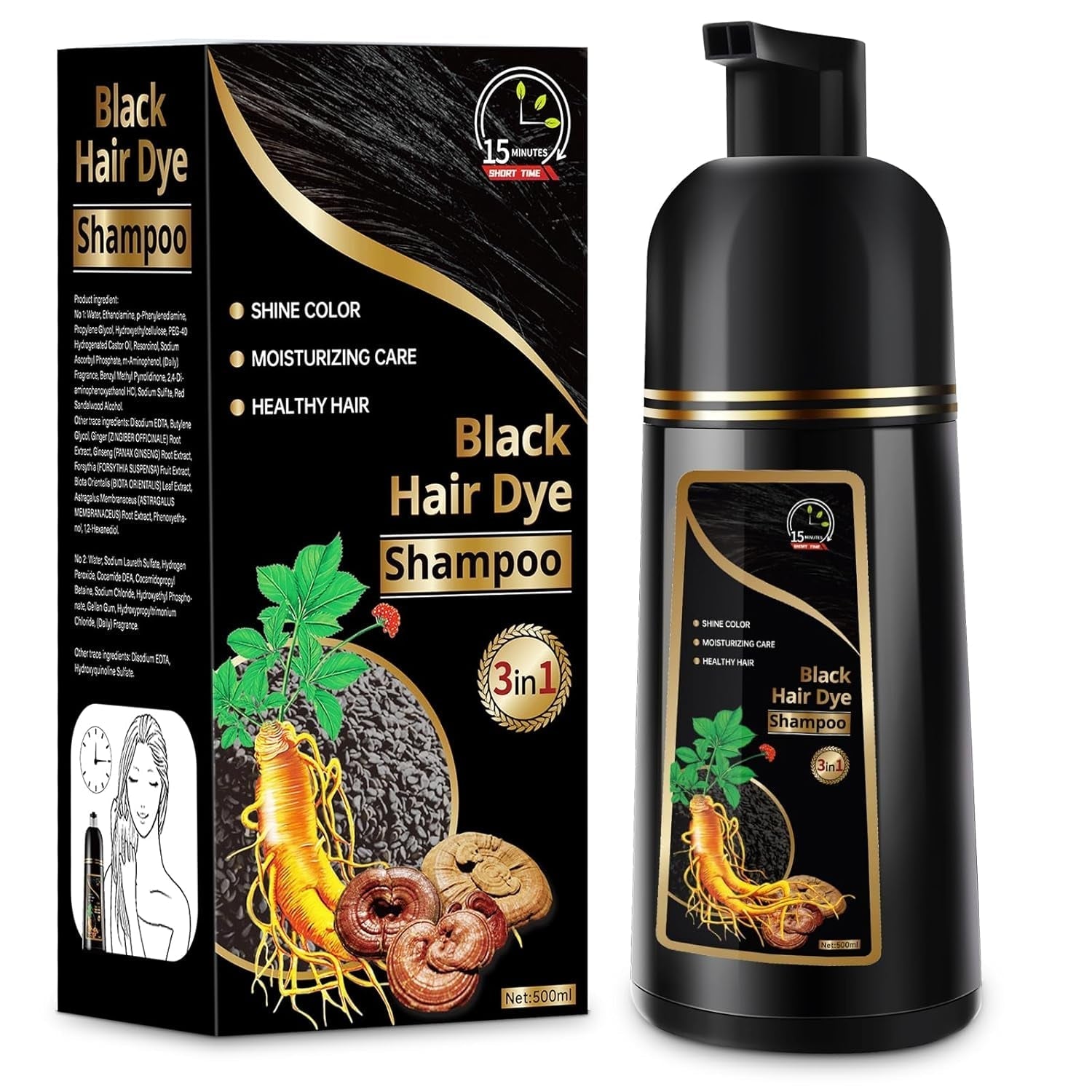Hair Dye Shampoo for Gray Hair, 3 in 1 Herbal Dye for Women Men, Hair Color Shampoo 500Ml (Black) - WORLD TIME VISITS