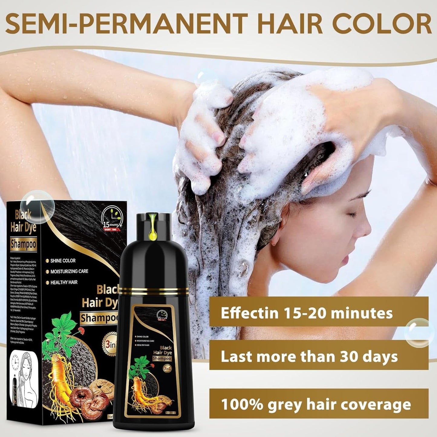Hair Dye Shampoo for Gray Hair, 3 in 1 Herbal Dye for Women Men, Hair Color Shampoo 500Ml (Black) - WORLD TIME VISITS